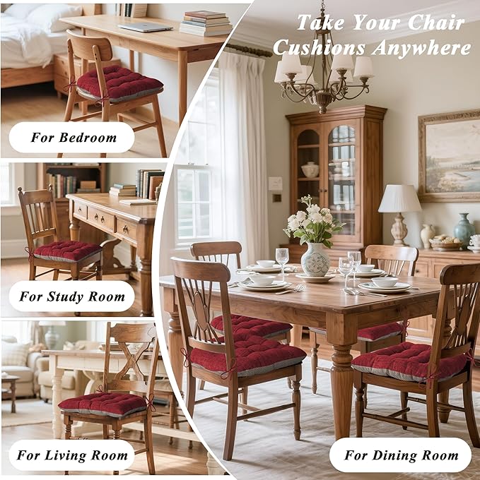 Chair Cushions for Dining Chairs Set of 2 Durable D-Shaped Seat Cushions with Non-Slip Backing Secure Ties Thick Cozy Seat Pad for Kitchen Dining Room Office(18x16.5x3in Burgundy)