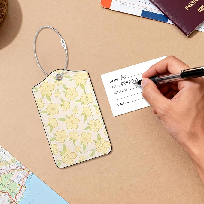 2 Pack PU Leather Luggage Tags for Suitcases, Privacy Protection Cover with Stainless Steel Loop and Address Card, Travel Cruise Essentials (Yellow Flower)