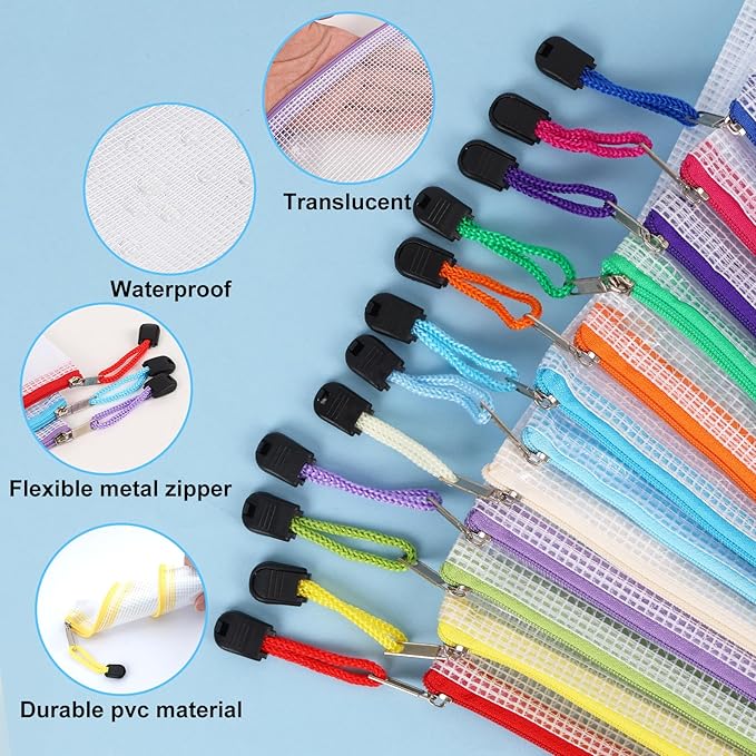 EOOUT 24pcs Mesh Zipper Pouch Bags A4 Document Bag, 13.5x9 Inches, Plastic Zip File Folders, Puzzles, Board Game Storage for Organizing Office Home