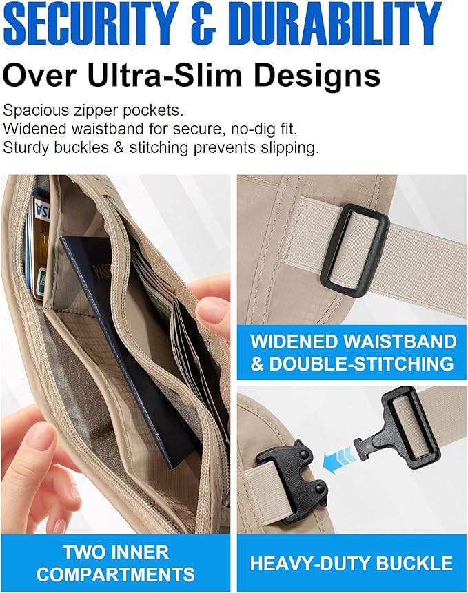 Hidden Money Belt for Travel, RFID Blocking, Sweat-Proof, Heavy-Duty Buckle, 3rd Gen Waist Wallet Anti Theft to Protect Cash, Credit Cards and Documents Under-Clothes for Men & Women, Beige