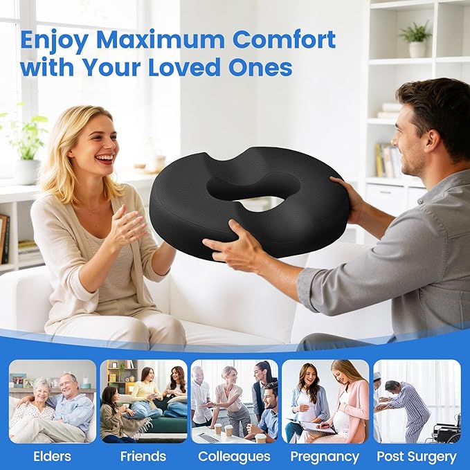 Donut Pillow for Tailbone Pain, Hemorrhoids - Cooling Gel Memory Foam Chair Seat Cushion for Office, Home & Wheelchair, Ergonomic Chair Pad for Pregnancy, Sciatica, Coccyx (Large, Black)