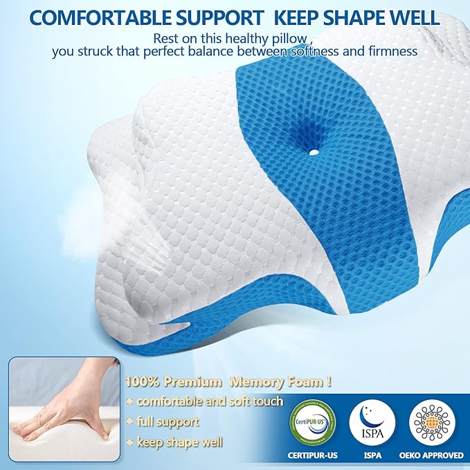 Cervical Neck Pillow for Pain Relief Sleeping, Memory Foam Pillows, Ergonomic Side Sleeper Pillows for Adults, Orthopedic Neck Support Pillow for Back Stomach Sleepers-King Size&Blue