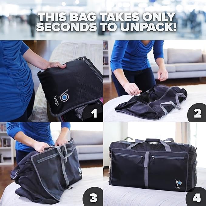 Bago Compact Duffle Bag for Travel Women & Men. Durable Lightweight Foldable Travel Duffel Bags For Traveling Women. 40L Duffle Bags a Reliable Weekender duffel or Overnight Bag With Shoe Compartment