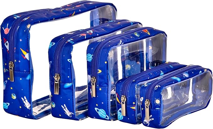 TSA Approved 5-Piece Diaper Bag Organizer Pouch Set Clear Waterproof TPU Kids Toiletry Storage Set Travel Packing Clutch Cube Bags for Baby Nursing(Astronaut)