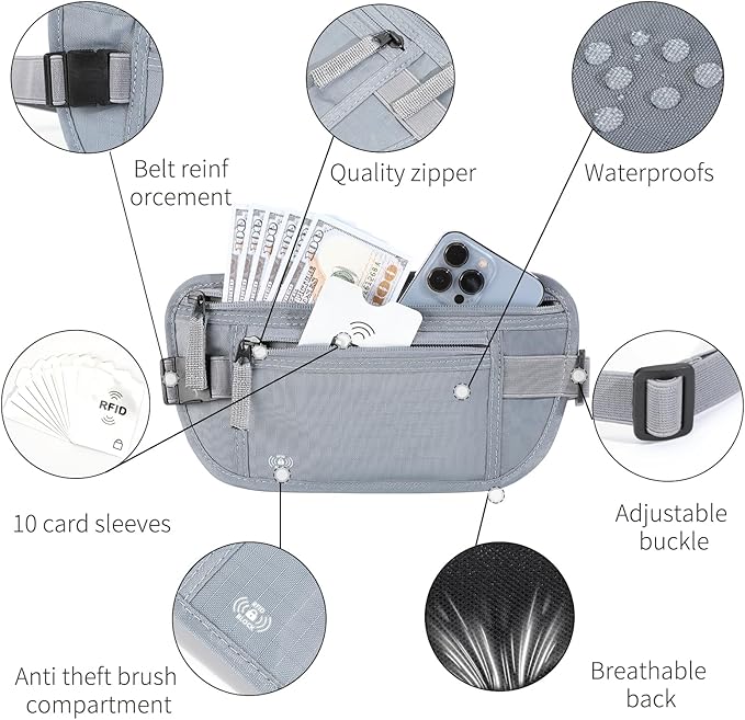 Money Belt for Travel Hidden Travel Pouch Women Men Hidden Rfid Passport Holder for Travel (Grey)