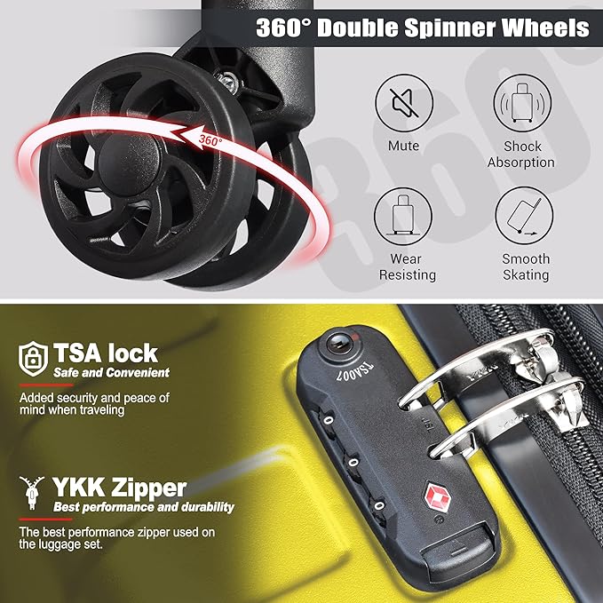 Zebra Luggage Sets 5 Piece, Lightweight Hardside Business Travel Suitcase Set with TSA Lock, Bonus Travel Backpack & Makeup Bag, 20/24/28 inch,Yellow