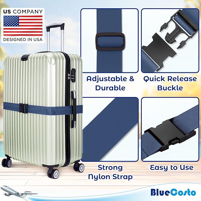 Luggage Straps for Suitcases - TSA Approved - Navy Blue, 4 PK - Premium Nylon Belts for Suitcase, Briefcase & Travel Bag - Adjustable Strap Length 46" - 78"