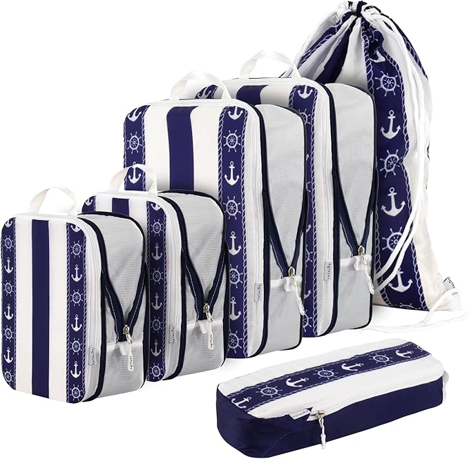 Large Compression Packing Cubes for Travel 6pc Set - Fits Carry On Suit Case & Checked Luggage, Organizer Luggage Packing Cubes for Travel & Home, with Drawstring Backpack/Laundry Bag