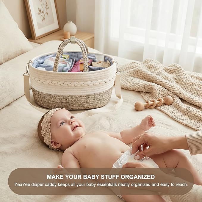 Baby Diaper Caddy Organizer, X-Large, 5 Grids, 8 Pockets, Shoulder Strap Portable Nursery Storage Basket with 2 Changeable Compartments, 100% Cotton Woven Rope Bins, Newborn Gift