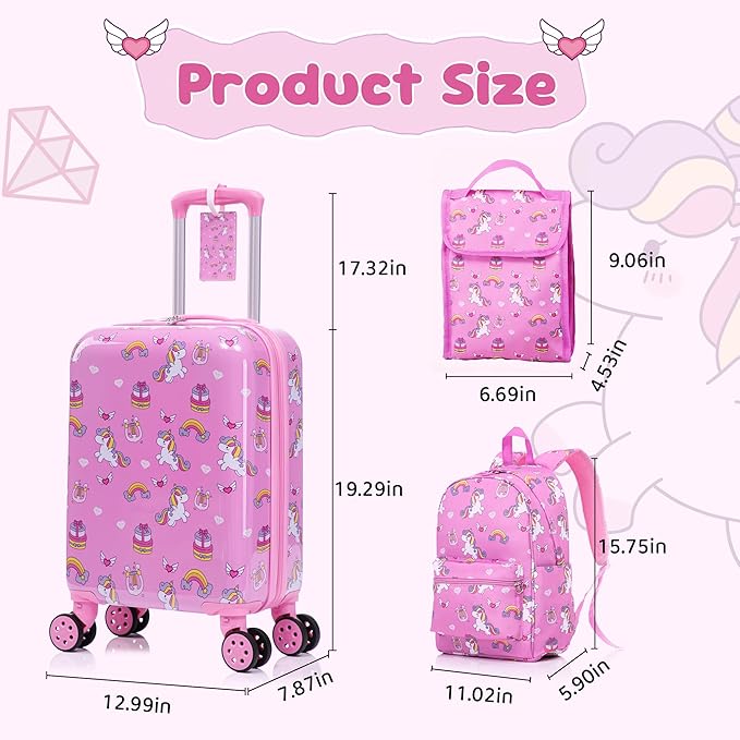 Kid’s Luggage Set 6 Piece Suitcase Set 16’’ Hardside Luggage with Spinner Wheels Girls Boys Carry on Luggage Travel Rolling Luggage Airline Approved