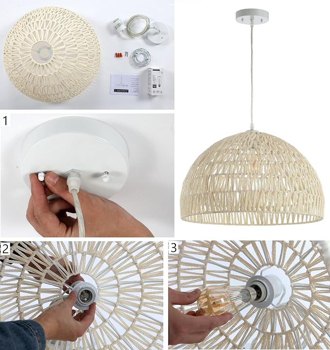 JONATHAN Y Campana 1-Light Pendant Dome Ceiling Lamp, 20", Black | Modern Coastal Farmhouse Decor, Adjustable Height, Woven Rope Metal Frame, LED Bulb Included, UL Listed