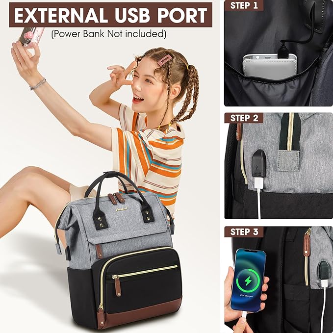 Focdod Laptop Backpack 15.6 Inch Professional Womens Purse Computer Bag Nurse Teacher Backpack Waterproof College Work Bags Carry on Travel Back Pack with USB Port, Black-Grey-Brown