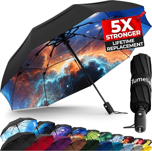 TUMELLA Strongest Windproof Travel Umbrella (Compact, Superior & Beautiful), Small, Wind-Tested, Light & Portable, Automatic Folding Rain Umbrella, Durable Premium Grip, Fits Car and Backpack