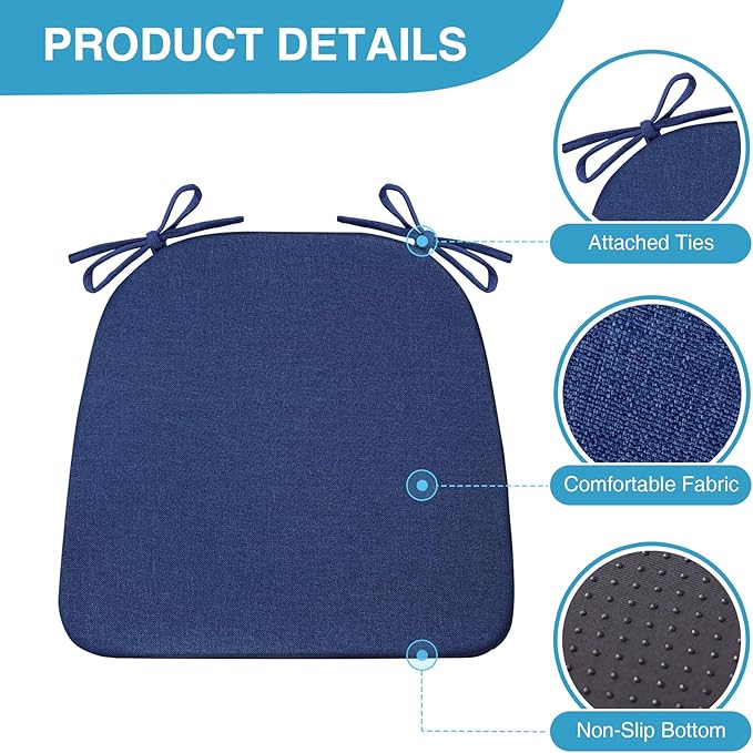 Chair Cushions for Dining Chairs Set of 6, Non Slip Kitchen Chair Pads, 17" x 16" x 2", Indoor Dining Chair Cushions with Ties, D-Shaped Seat Cushions for Kitchen Chairs, Navy Blue