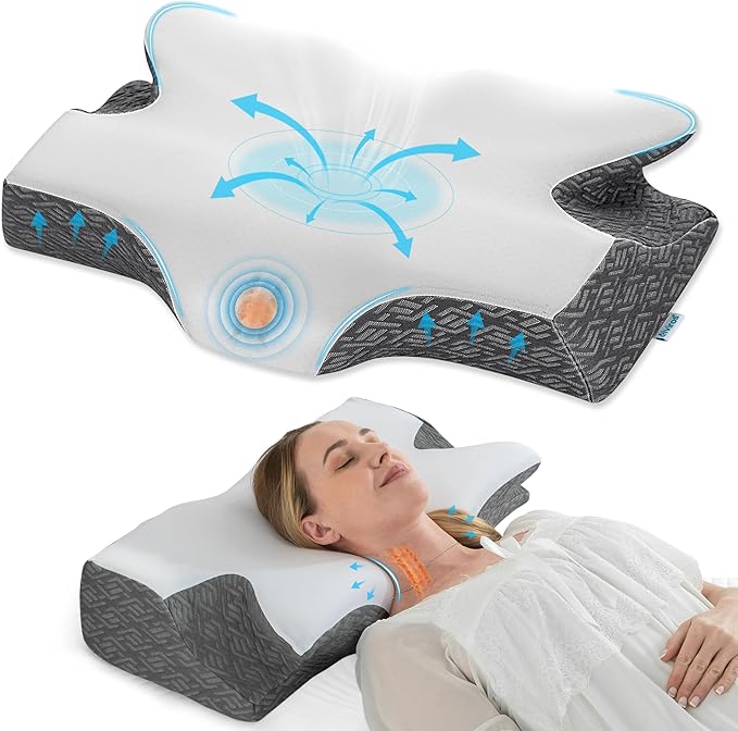 Elviros Cervical Neck Pillow for Sleeping, Memory Foam Pillow for Neck Pain Relief, Side Sleeper Cooling Pillows for Adults, Neck Support with Removable Pillowcase for Back & Stomach Sleepers
