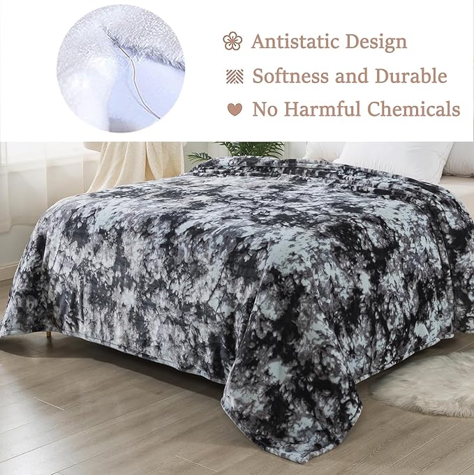 Fuzzy Blanket Queen Size - Tie Dye Grey, Soft and Comfy, Plush and Furry Faux Fur, Reversible Queen Blankets for Queen Full Bed, 90x90 Inches,Tie Dye Grey