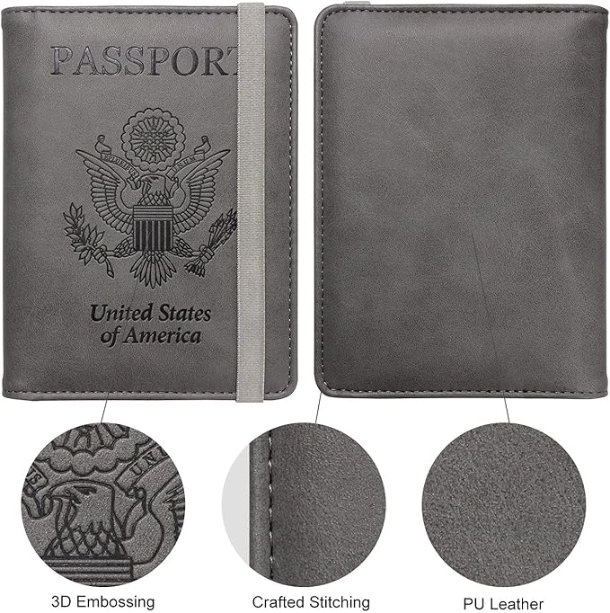 WALNEW Passport Holder for Travel, RFID Passport Cover Wallet for Women Men, PU Leather Passport Book Card Holder Case with Pen (Upgraded, Upgraded-Gray)