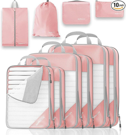 Compression Packing Cubes 10 Set, Compressible Space-Saving Packing Cubes for Travel - Compression Bags, Luggage Organizer, Travel Essentials for Women, Pink