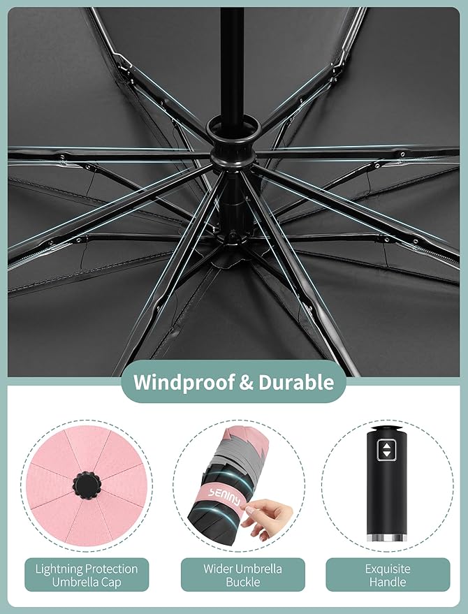 Seniny Inverted Travel Umbrella Compact - Windproof Umbrellas for Rain with Reflective Strip, Large UV Umbrella for Sun Protection, Automatic Portable Umbrellas Fold in Reverse for Car, Backpack
