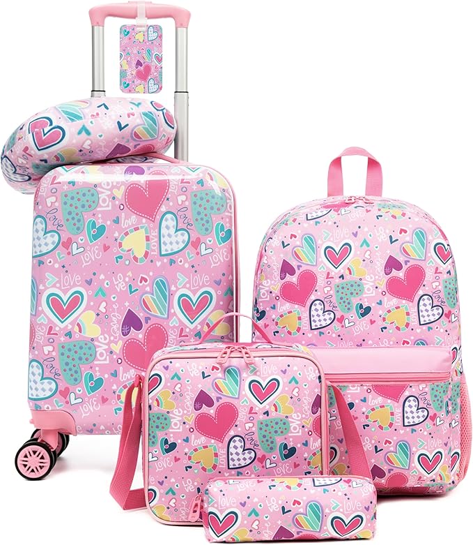 Kid's Luggage Set 5 Piece Suitcase Set 16" Hardside Luggage with Spinner Wheels Girls Carry on Toddler Travel Rolling Suitcase with Neck Pillow Airline Approved