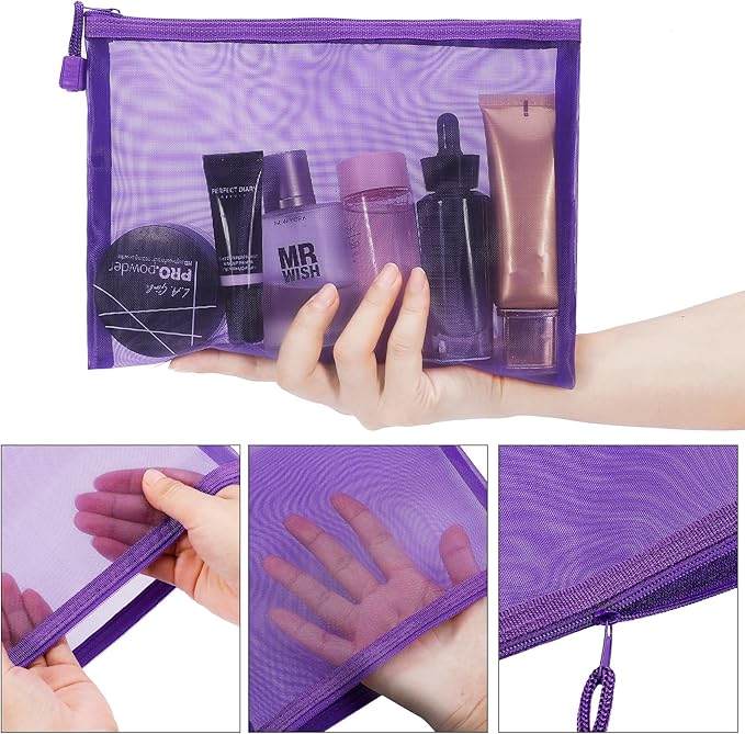 12 Pieces Zipper Nylon Mesh Pouch, Mesh Cosmetic Bags Makeup Bags Pencil Case, Multipurpose Travel Bags for Cosmetic School Office Supplies and Travel Accessories (Purple, A5+B6)