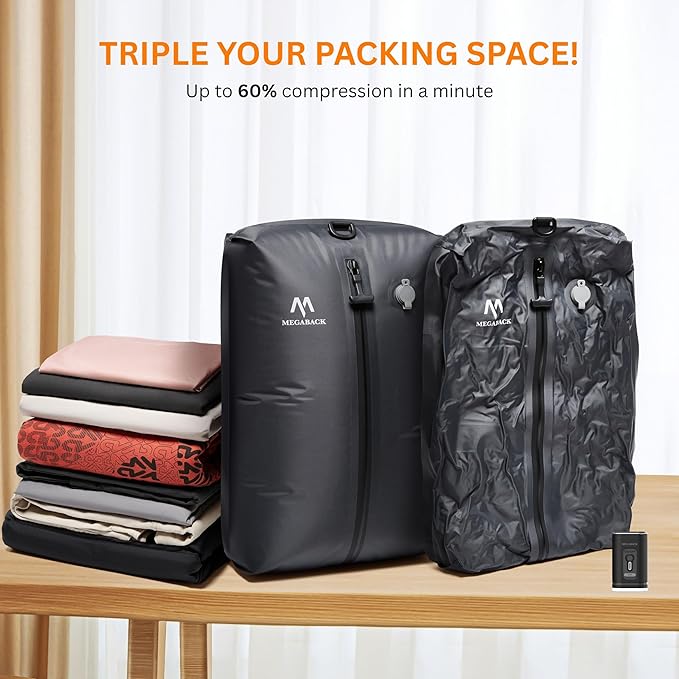 Vacuum Bags for Travel, IP67 Reusable Vacuum Seal Bags for Clothing with Electric Pump, Vacuum Seal Packing cube for Suitcases, Backpack & Travel (1PC+Pump)