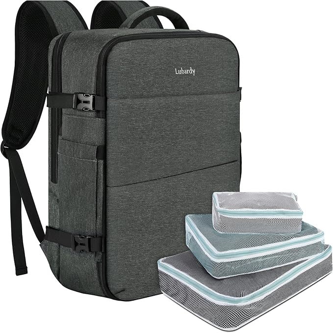 Lubardy Travel Backpack for Men Women 17 Inch Flight Approved Carry on Backpack Waterproof Large 40L Luggage Daypack Business College Weekender Overnight Laptop Backpack with 3 Packing Cubes, Grey