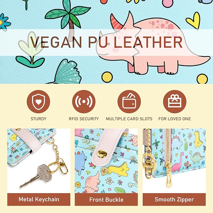 Jogjam Cute Dinosaur Rfid Girls Girly Teen Wallet, Small Slim Thin Compact Travel Credit Card Women Wallet, PU Leather Bifold Cash Zipper Coin Pocket ID Window for Female Ladies Gifts
