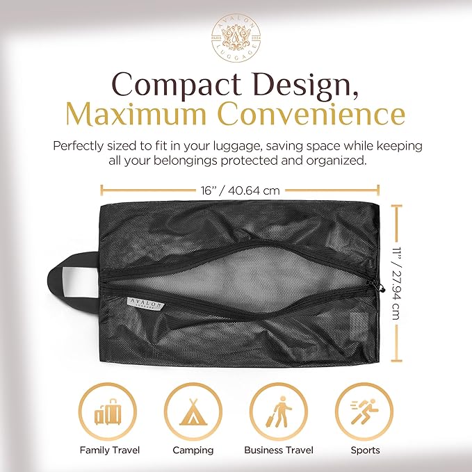 Shoe Bags for Travel - Footwear Organizer for Suitcases, Gym, Work Trips (Black Mesh)
