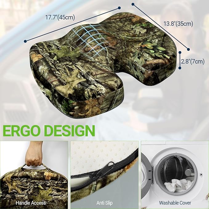 Season Guard Tailbone Pain Relief Office Chair Seat Cushion, Memory Foam Gel Seat Cushion for Sciatica Pain Relief with Washable Cover, Butt Cushion for Long Sitting, Velvet, Mossy Oak