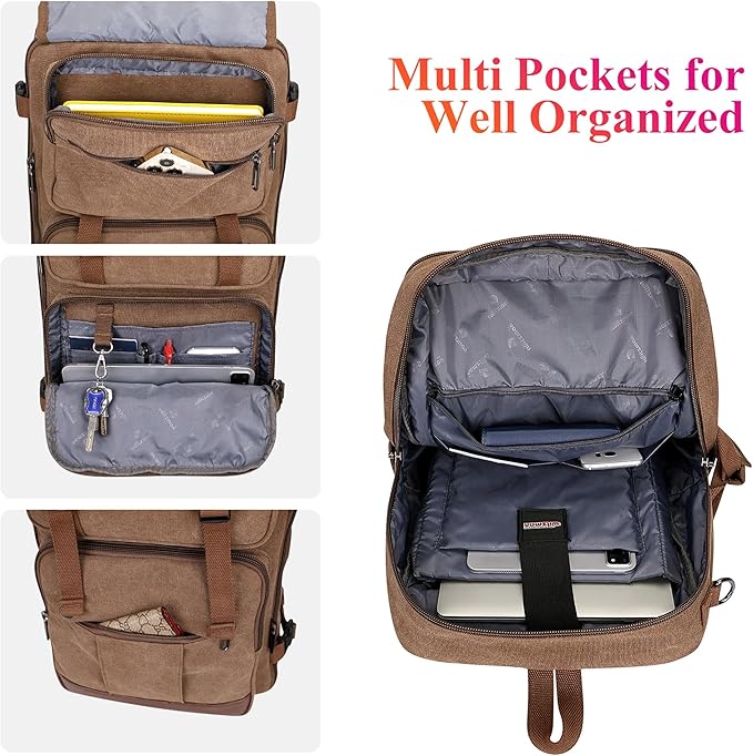 WITZMAN Canvas Travel Backpack for Men Large Laptop Backpack Fit 16 inch Carry-on Airline Approved Convertible Shoulder Rucksack(A6617-3 Brown)