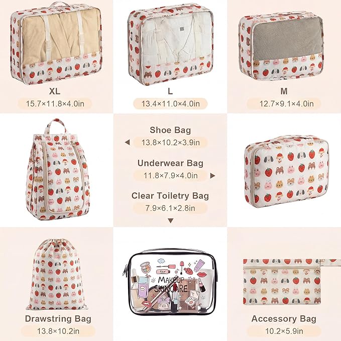 8 Set Packing Cubes for Travel with Clear Toiletry Bag, Durable Luggage Packing Organizers, Carry-On Accessories, TSA Approved See-Through Cubes, Space-Saving Storage Bags, Gifts for Women