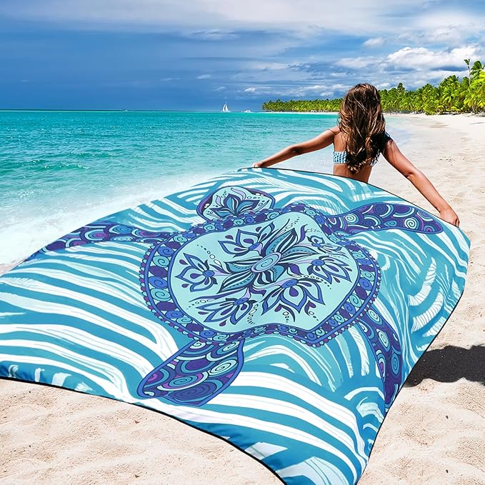 Beach Blanket Sandproof Extra Large Beach Mat Adults Waterproof Quick Drying Sand Free Mat Made by Premium Polyester with 4 Stakes & 4 Corner Pockets for Outdoor Travel Camping Hiking