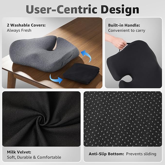 BRO Extra Large Office Chair Cushion for Sciatica Pain Relief: Memory Foam Seat Cushion for Tailbone Pain Relief Support for Long Sitting - 2 × Removable Covers with Handle - Car/Office/Home Use