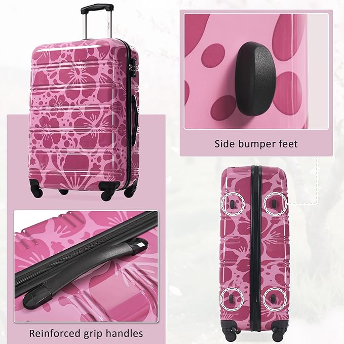Merax Suitcase Set, Hardshell Luggage Sets 3 Piece with Spinner Wheels, Durable Printing Suitcase with TSA Lock Lightweight 20" 24" 28",Purple Pink
