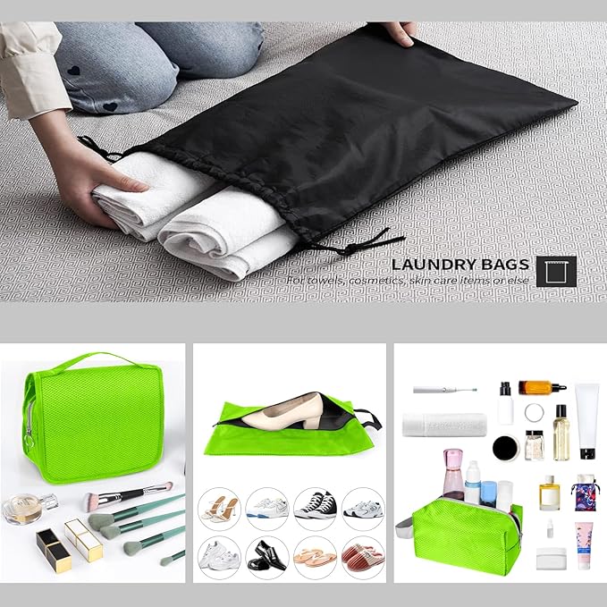 9-Set Packing Cubes with Hanging Bag | 9-Size Combination, Mesh Fabric & Reflective Stripe | Travel Luggage Organizers (Green)