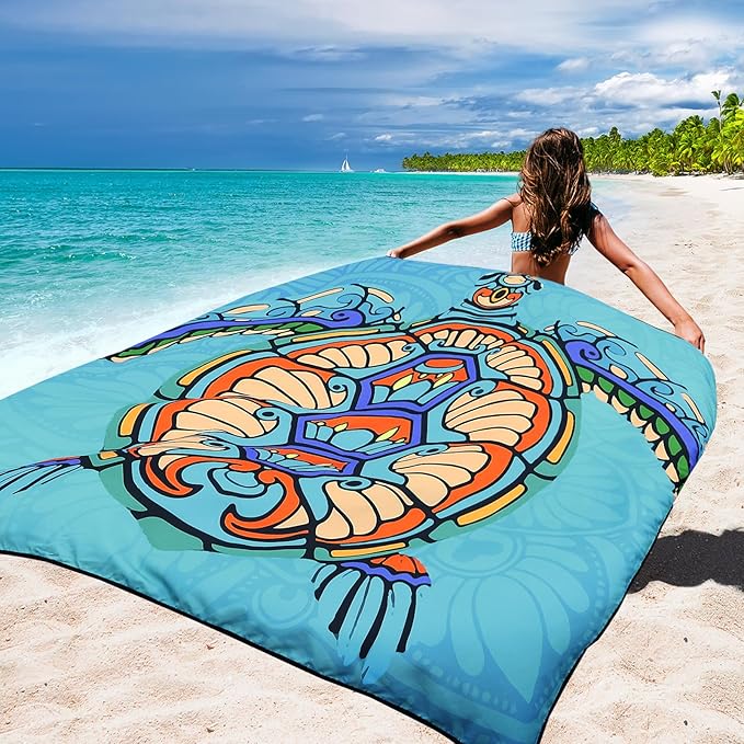 Beach Blanket Sandproof Extra Large Beach Mat Adults Waterproof Quick Drying Sand Free Mat Made by Premium Polyester with 4 Stakes & 4 Corner Pockets for Outdoor Travel Camping Hiking