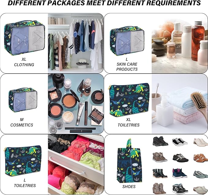 Packing Cubes for Kids 7 Set Travel Luggage Organizers for Suitcase Travel Accessories with Shoe Bag for Women Girls Cute Aesthetic Art-Green Dinosaur
