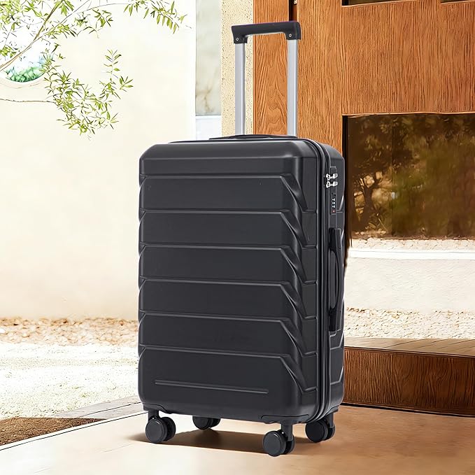 28 Inch Checked-Large Luggage, Lightweight ABS Hard Shell Suitcase with Spinner Wheels, Expandable Travel Luggage with Combination Lock & Side Hooks for Men Women (Black, 28)