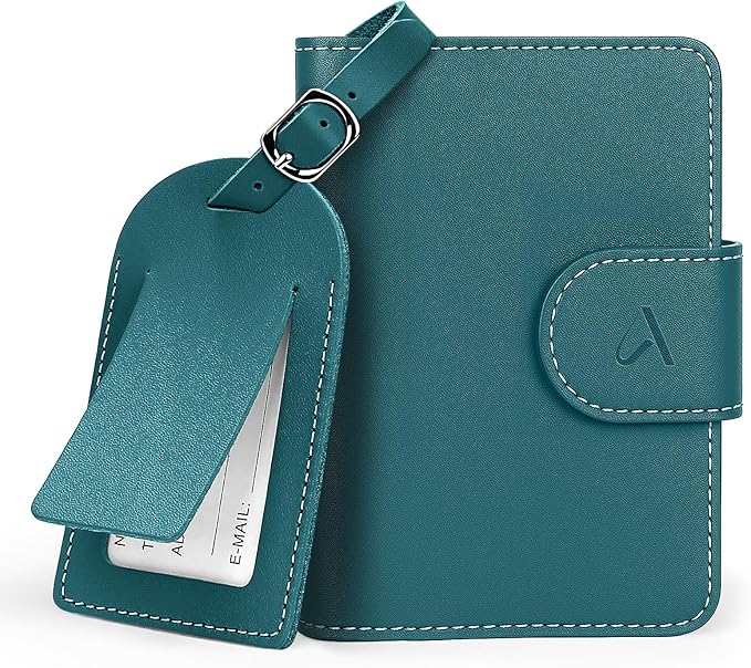 ALLIVE RFID Passport Holder for Travel, Genuine Leather Passport Holder with AirTag Hidden Pocket, Travel Wallet for Women & Men, Gift Set with Luggage Tag in Premium Gift Box (Lake Blue)