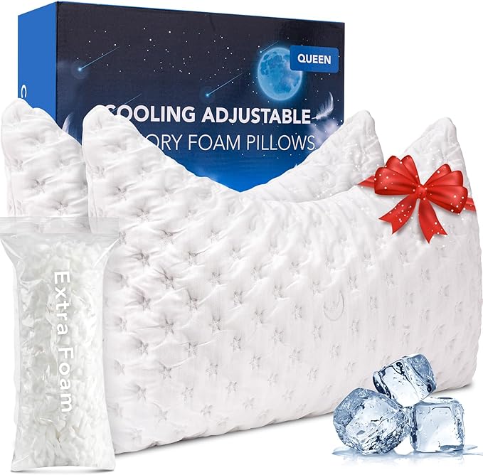 Cooling Side Sleeper Pillow for Neck and Shoulder Pain, Luxury Shredded Memory Foam Curved Bed Pillows for Sleeping Set of 2- Adjustable Queen Size- Washable Cover Crescent White