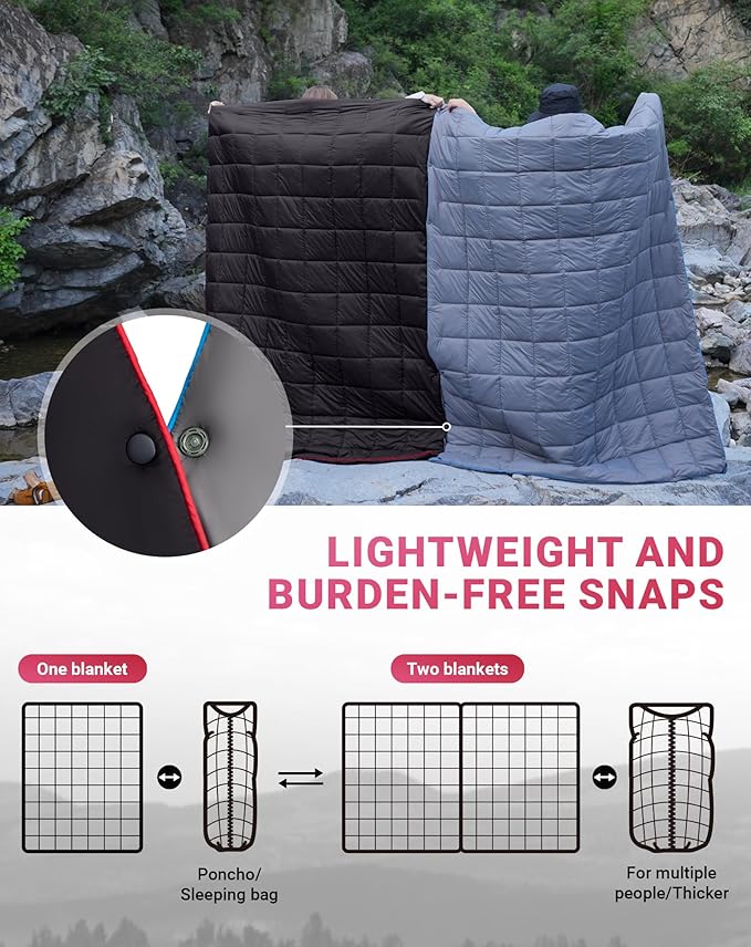 KingCamp Ultralight Camping Blanket, Packable Down Alternative Puffy Wearable Blankets Weatherproof Warm Package Quilt with Snap Buttons for Outdoor Hiking Travel Picnic Stadium (69"L x 53"W, Black)