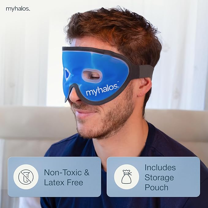 MyHalos Gel Mask - Reusable Cooling Eye Mask with Adjustable Straps - Cold Mask for Puffy Eyes, Dark Circles and Hangovers - Face Ice Pack Compress for Sinus, Headaches (Blue, (Pack of 2))