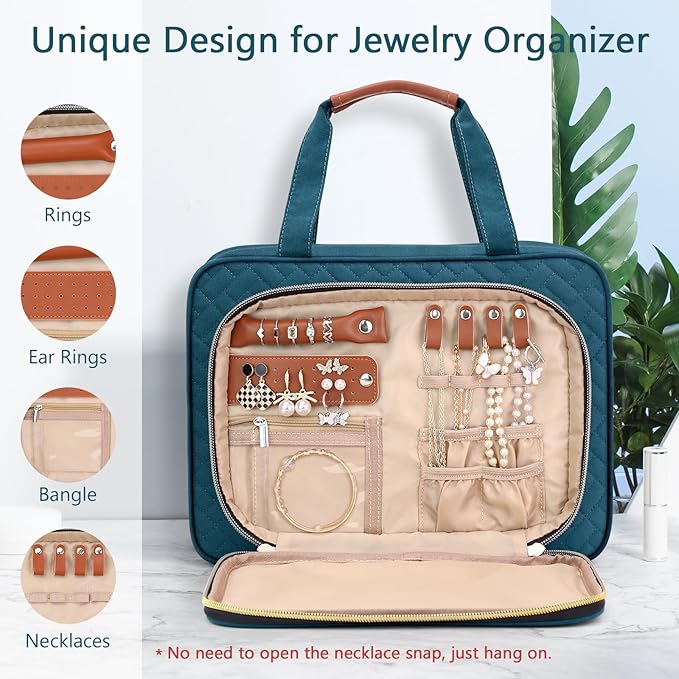 Wedama Toiletry Bag for Women, Hanging Travel Toiletry Bag with Jewelry Organizer Compartment Large Makeup Bag, PVC Waterproof Cosmetic Travel Bag for Travel Business Trips Camping Bathroom, Blue