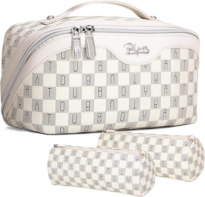 BOYATU Travel Makeup Bag Organizer Cosmetic Bag: 3 Pcs Set Make up Bags for Women with Handle - Waterproof Vegan Leather Toiletry Bags Travel Essentials Pouch with Compartments (H-03-White)