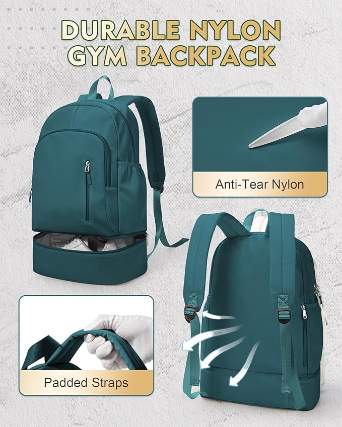 Gym Backpack for Women Men, Lightweight Gym Bag with Shoe Compartment, Waterproof Sports Backpack with Wet Pocket, Peacock Blue