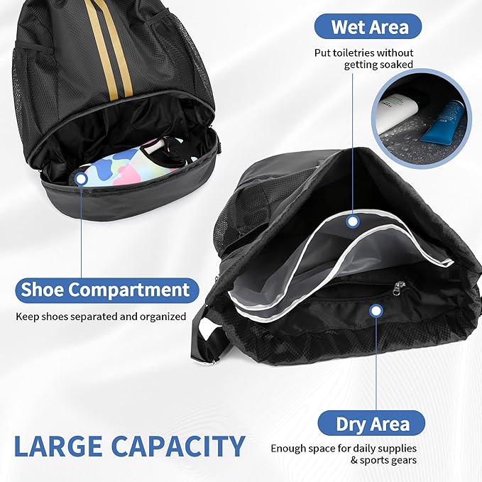 Drawstring Backpack Gym Bag with Shoes Compartment for Soccer, Basketball, Swim, Water-Resistant String Backpack Beach Cinch for Women Men, Black Gold