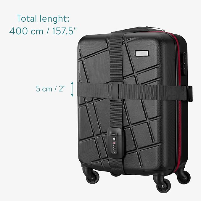 Navaris Suitcase Strap with Lock - Cross Case Baggage Belt with Combination Lock and Luggage Tag for Suitcases, Cabin Cases, Travel Bags - Black