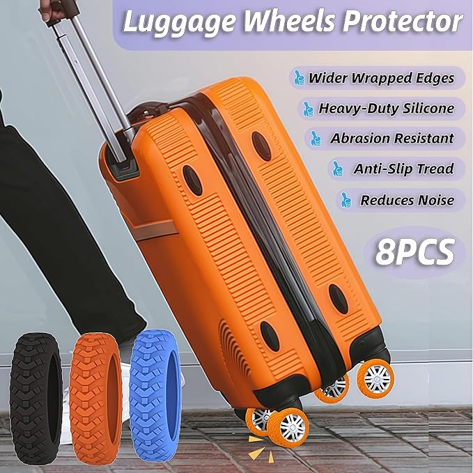 8 Pack Luggage Wheel Protector Covers for Travel Bags, Durable Silicone Suitcase Wheels Covers Fit for 5cm-7.5cm Wheels, Noise-Reducing, Anti-Slip Shock Proof Design (Orange)