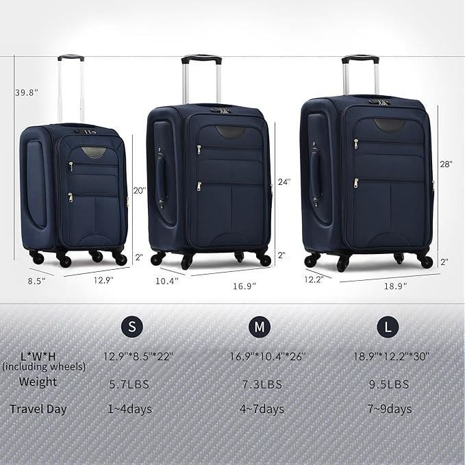 Merax Softside Luggage Set, Travel Suitcase Expandable Lightweight, 3 Piece Luggage Sets with Duffel Bag 22" 26" 30" Suitcase with TSA Lock Spinner Wheels,Deep Blue